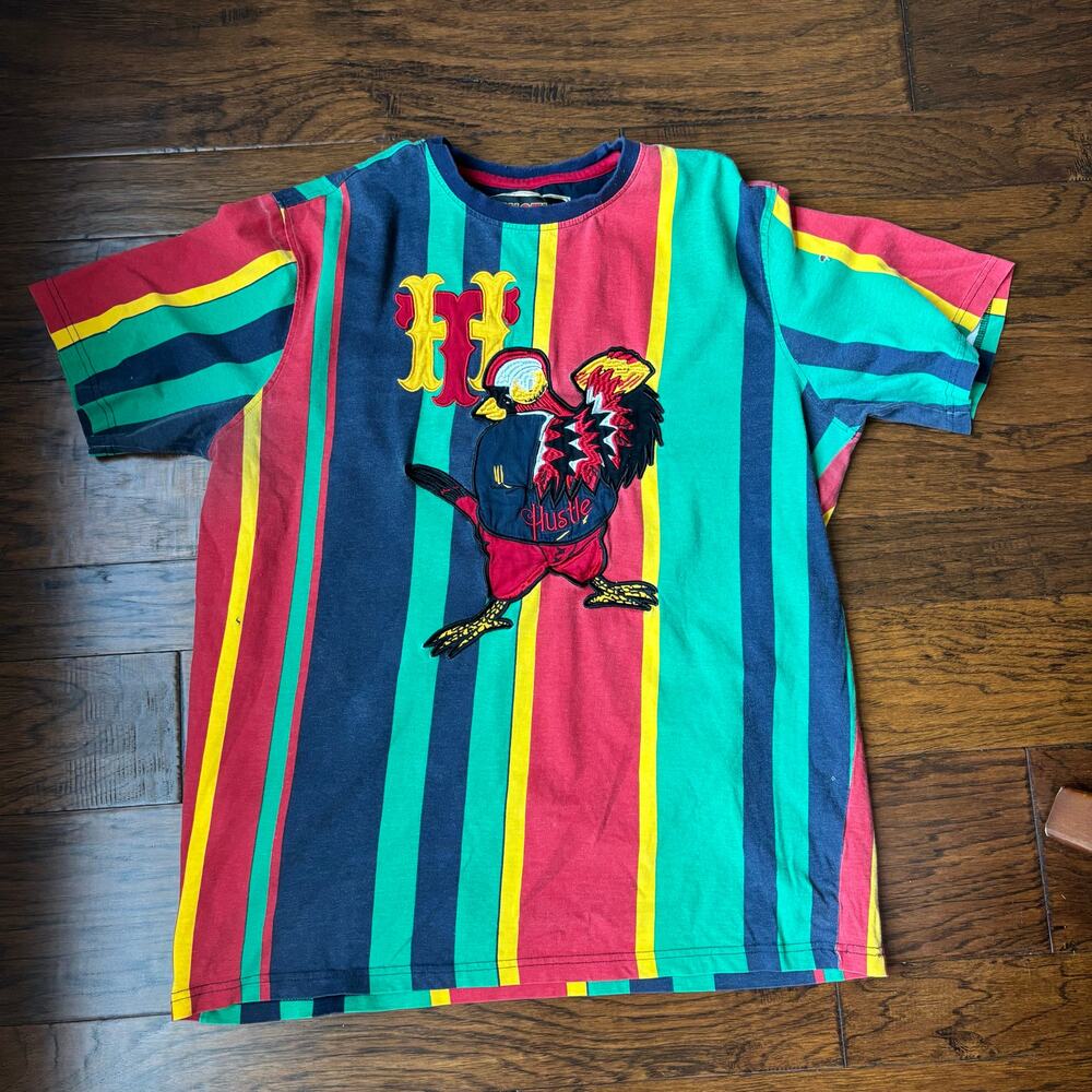 Vintage 90s Hustle Today T-Shirt 2X Striped Graphic Tee Rooster Retro Streetwear